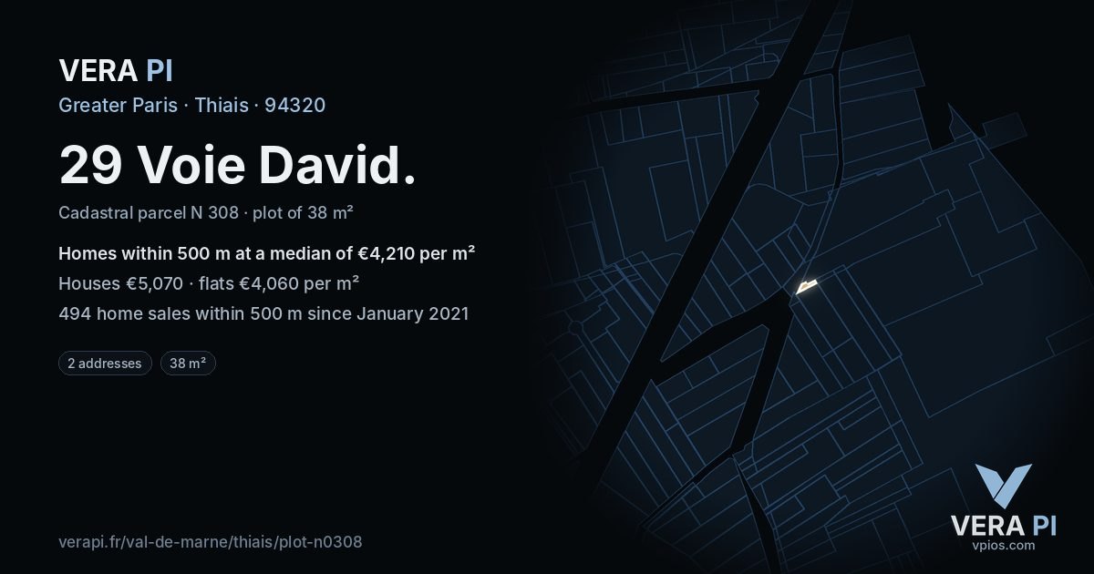 29 Voie David, Thiais at night – the plot lit, the parcels around coloured by the prices near them