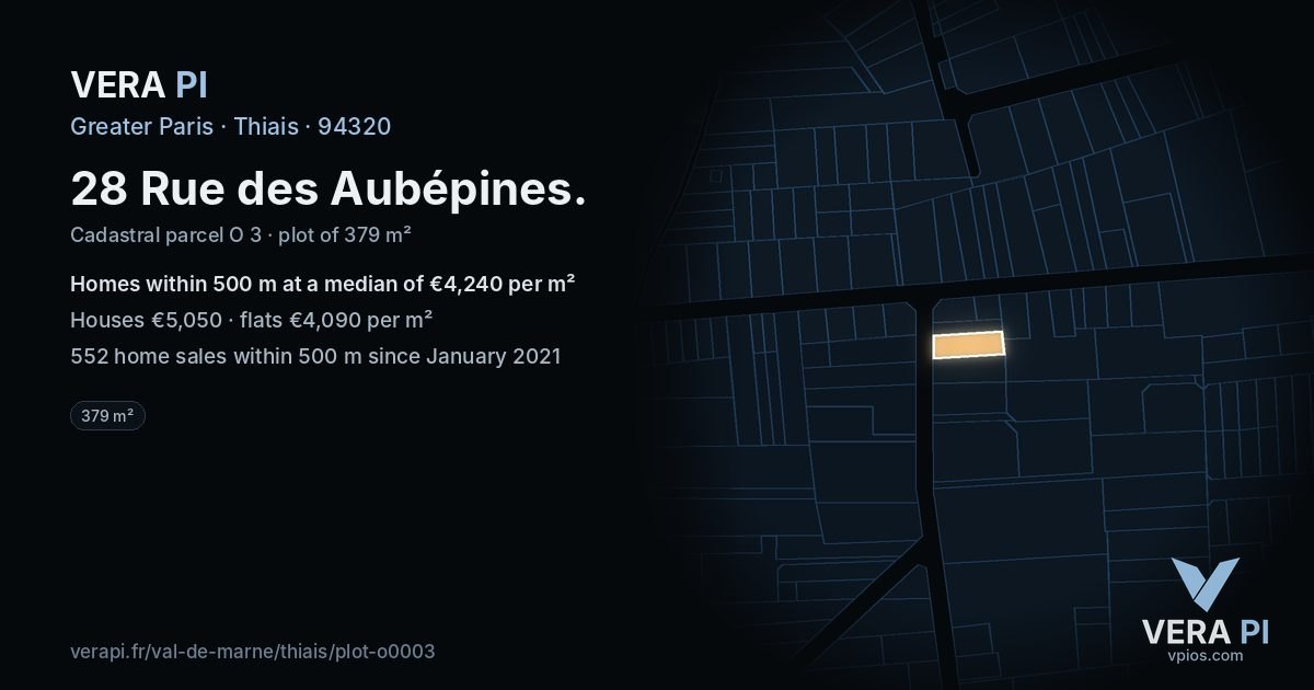 28 Rue des Aubépines, Thiais at night – the plot lit, the parcels around coloured by the prices near them