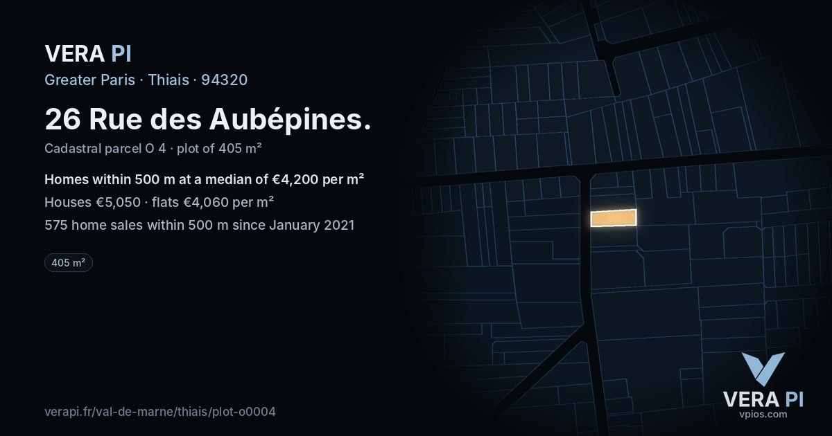 26 Rue des Aubépines, Thiais at night – the plot lit, the parcels around coloured by the prices near them