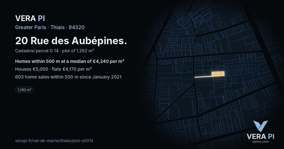 20 Rue des Aubépines, Thiais at night – the plot lit, the parcels around coloured by the prices near them