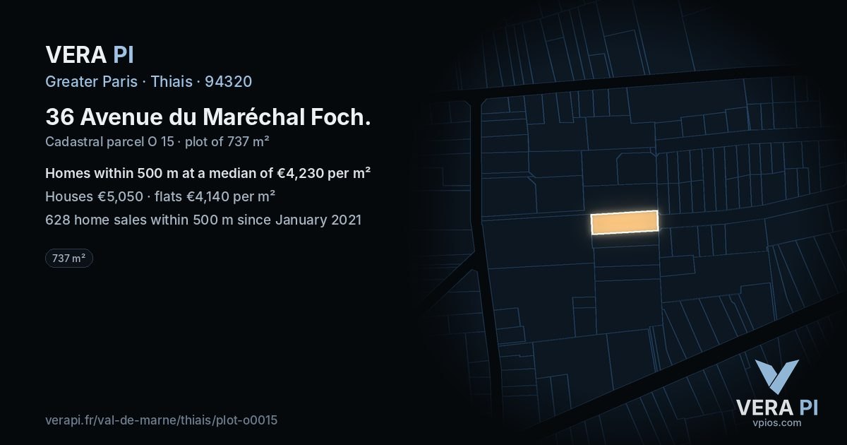 36 Avenue du Maréchal Foch, Thiais at night – the plot lit, the parcels around coloured by the prices near them