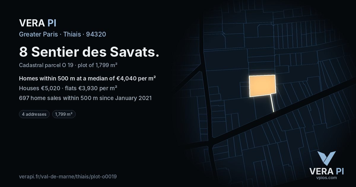 8 Sentier des Savats, Thiais at night – the plot lit, the parcels around coloured by the prices near them