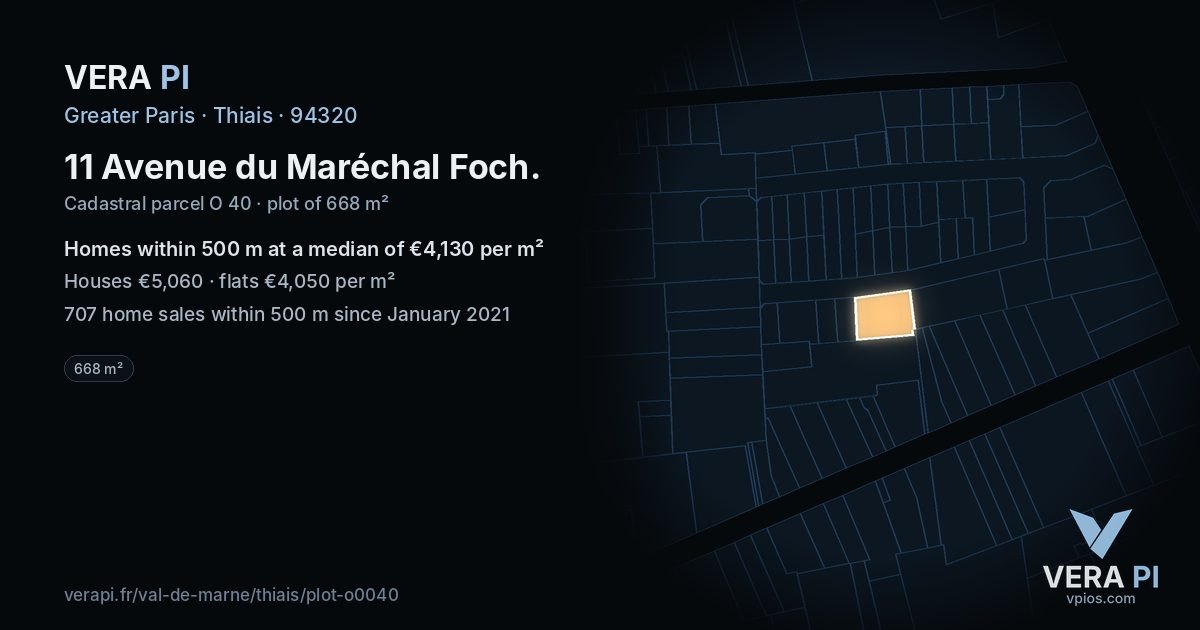 11 Avenue du Maréchal Foch, Thiais at night – the plot lit, the parcels around coloured by the prices near them