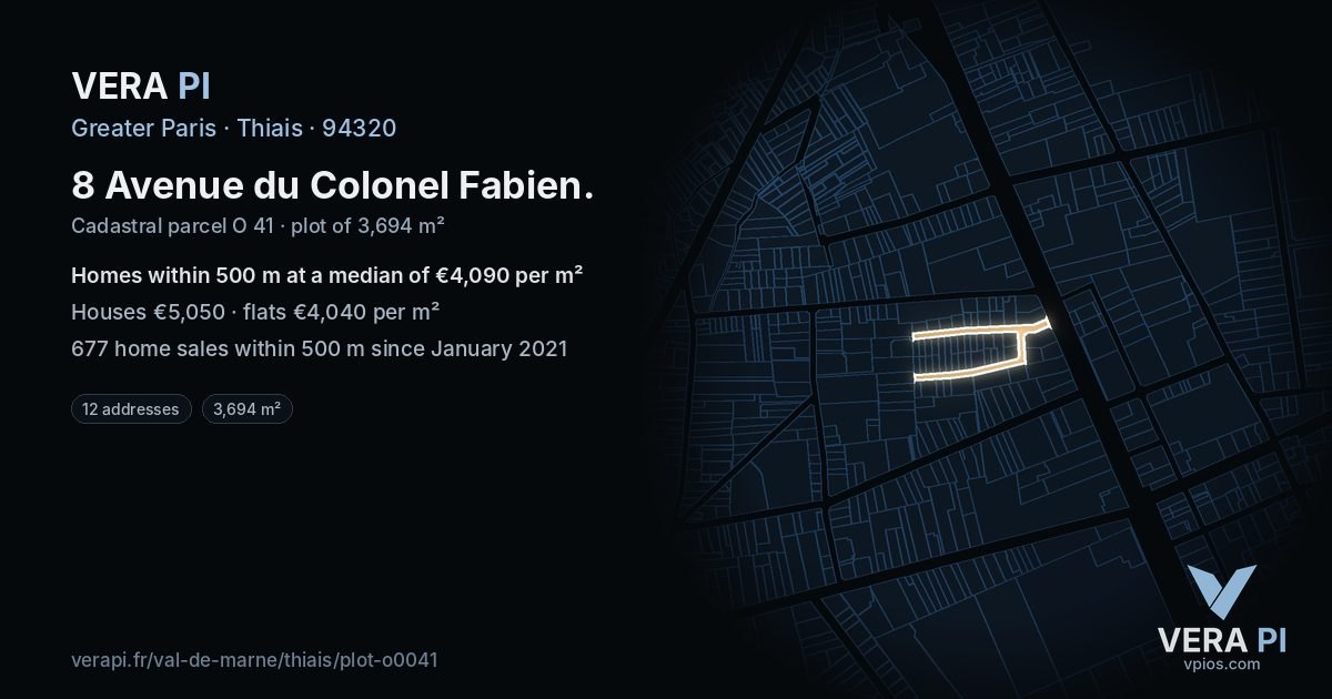 8 Avenue du Colonel Fabien, Thiais at night – the plot lit, the parcels around coloured by the prices near them
