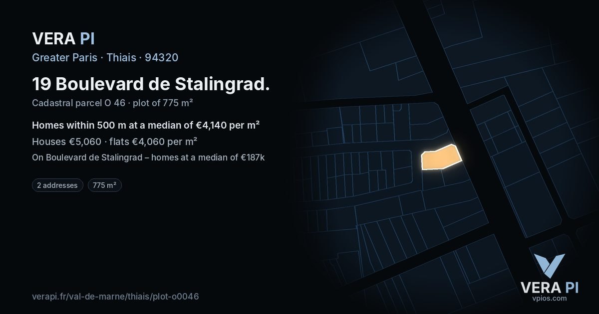 19 Boulevard de Stalingrad, Thiais at night – the plot lit, the parcels around coloured by the prices near them
