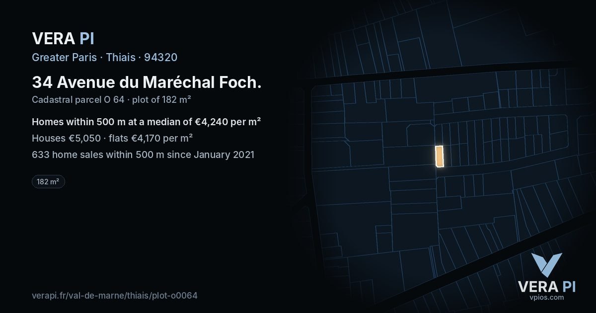34 Avenue du Maréchal Foch, Thiais at night – the plot lit, the parcels around coloured by the prices near them