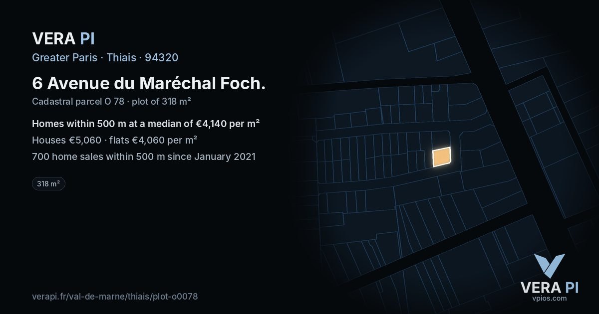 6 Avenue du Maréchal Foch, Thiais at night – the plot lit, the parcels around coloured by the prices near them