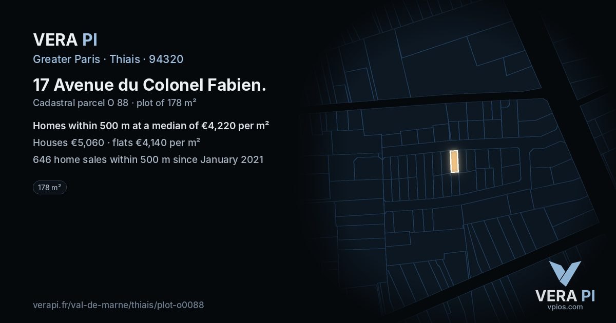 17 Avenue du Colonel Fabien, Thiais at night – the plot lit, the parcels around coloured by the prices near them