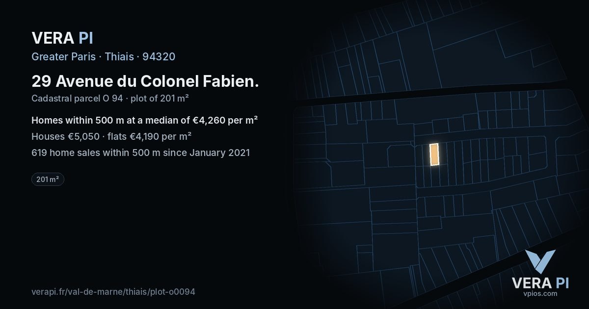 29 Avenue du Colonel Fabien, Thiais at night – the plot lit, the parcels around coloured by the prices near them