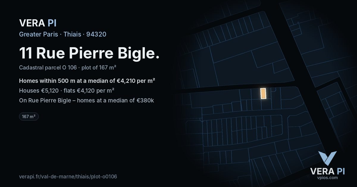 11 Rue Pierre Bigle, Thiais at night – the plot lit, the parcels around coloured by the prices near them