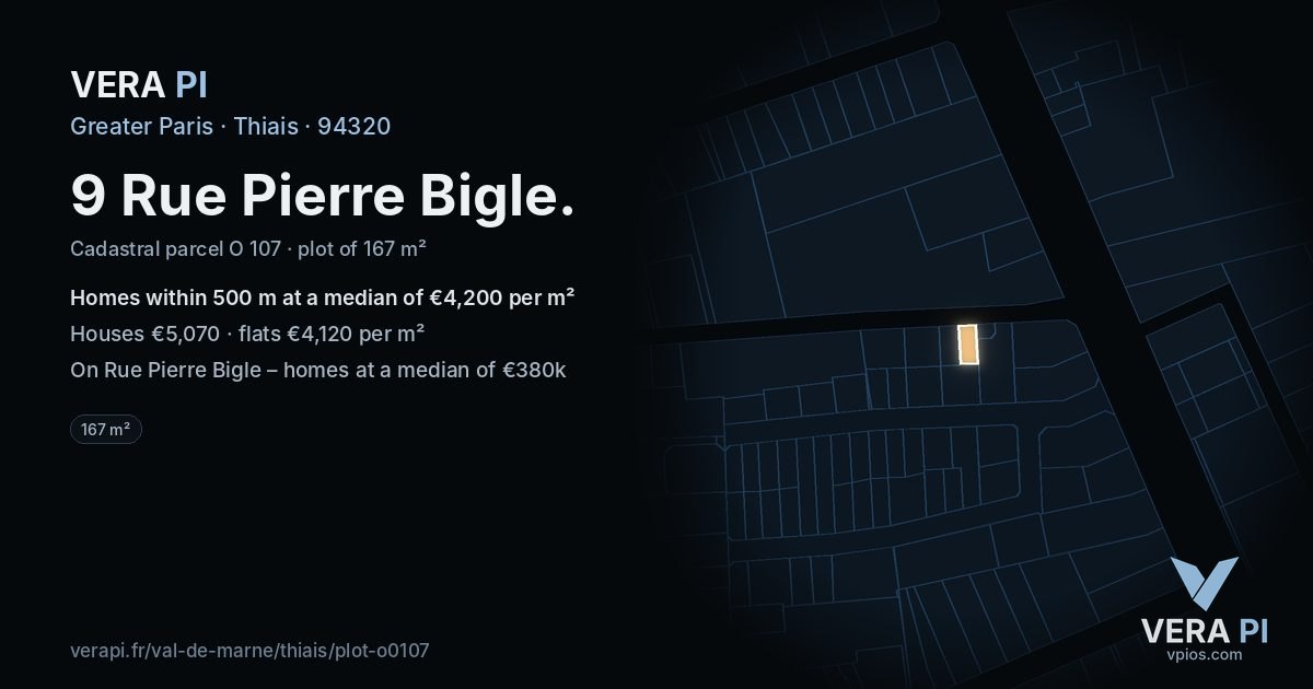9 Rue Pierre Bigle, Thiais at night – the plot lit, the parcels around coloured by the prices near them