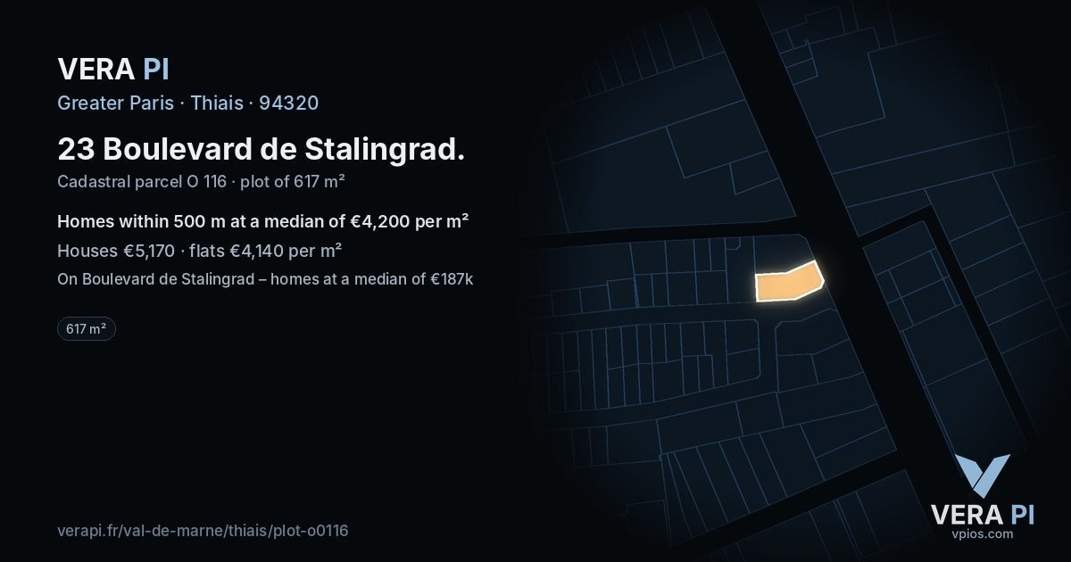 23 Boulevard de Stalingrad, Thiais at night – the plot lit, the parcels around coloured by the prices near them