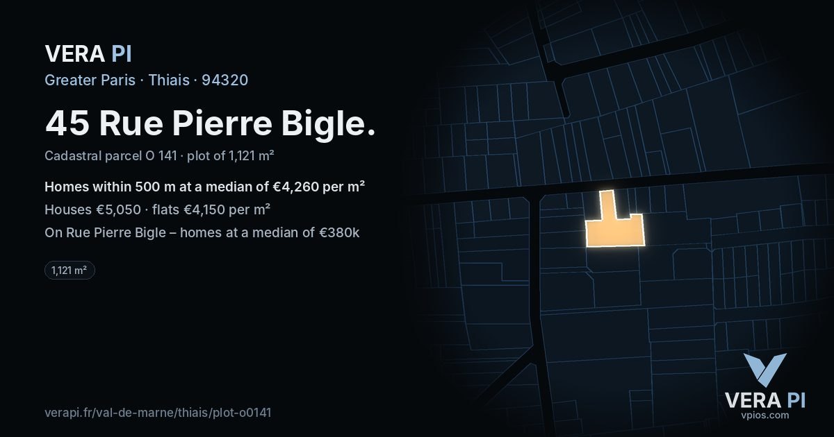 45 Rue Pierre Bigle, Thiais at night – the plot lit, the parcels around coloured by the prices near them
