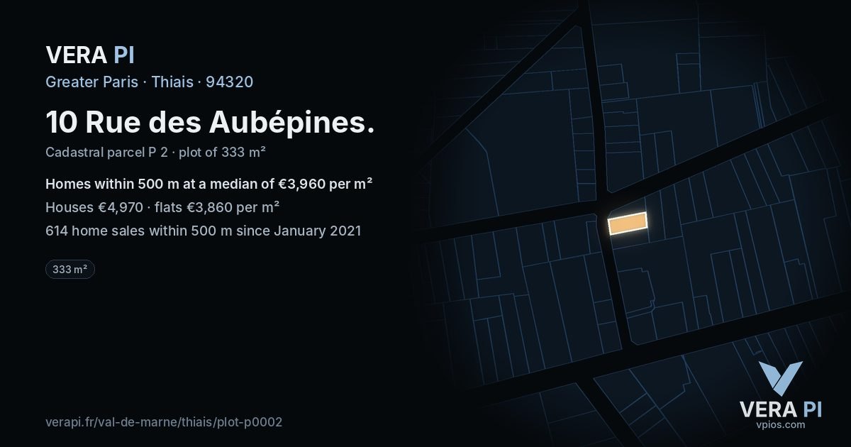10 Rue des Aubépines, Thiais at night – the plot lit, the parcels around coloured by the prices near them
