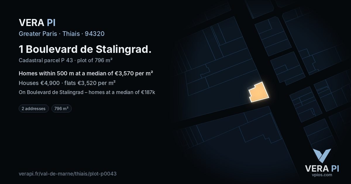 1 Boulevard de Stalingrad, Thiais at night – the plot lit, the parcels around coloured by the prices near them