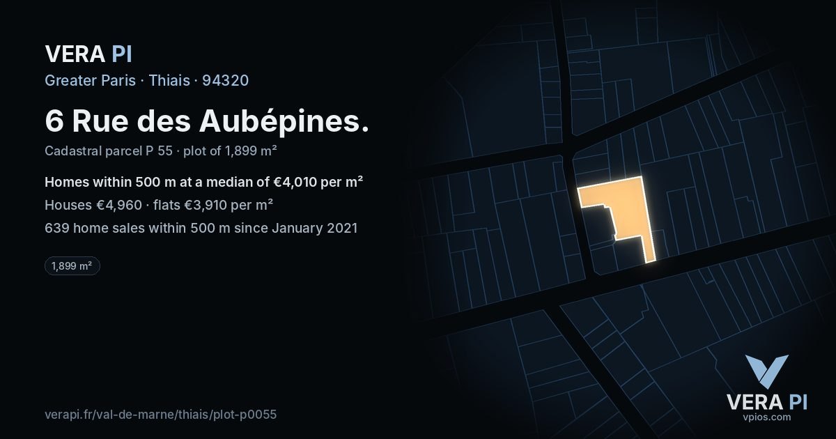 6 Rue des Aubépines, Thiais at night – the plot lit, the parcels around coloured by the prices near them
