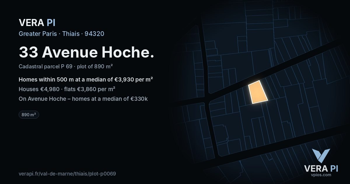 33 Avenue Hoche, Thiais at night – the plot lit, the parcels around coloured by the prices near them