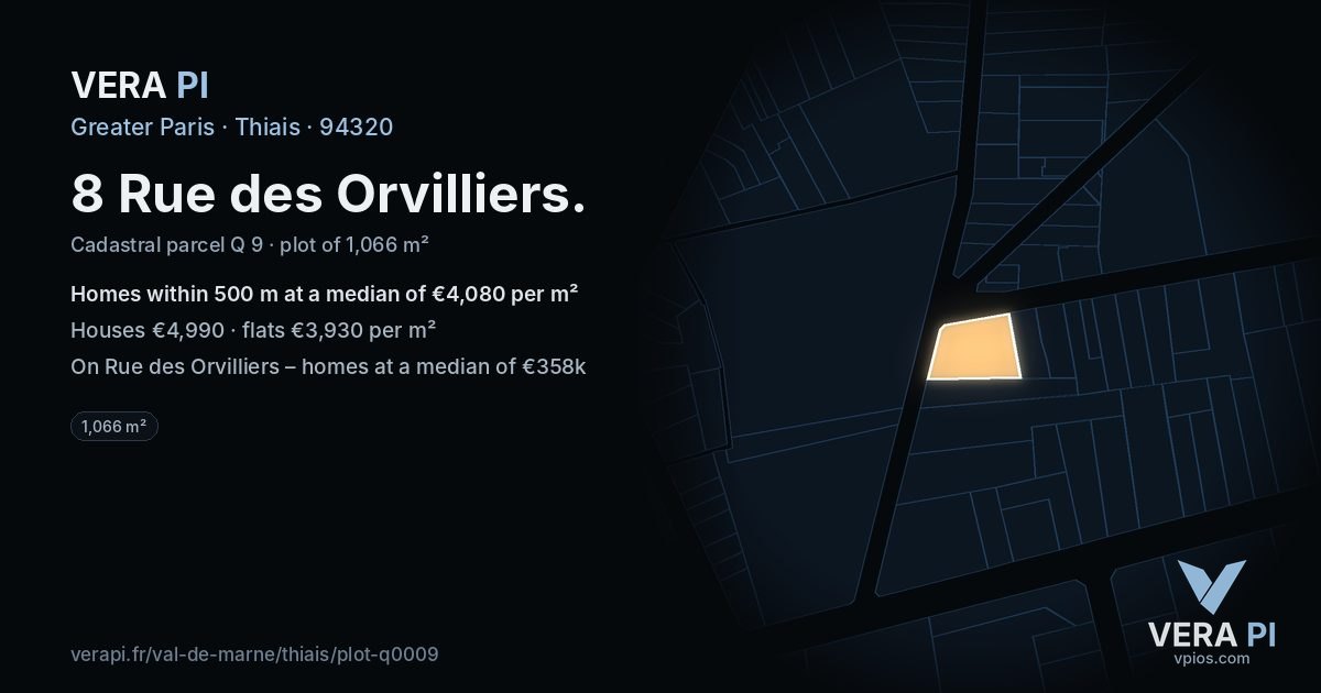 8 Rue des Orvilliers, Thiais at night – the plot lit, the parcels around coloured by the prices near them
