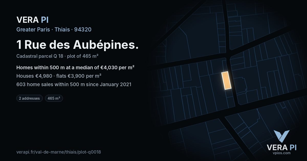 1 Rue des Aubépines, Thiais at night – the plot lit, the parcels around coloured by the prices near them