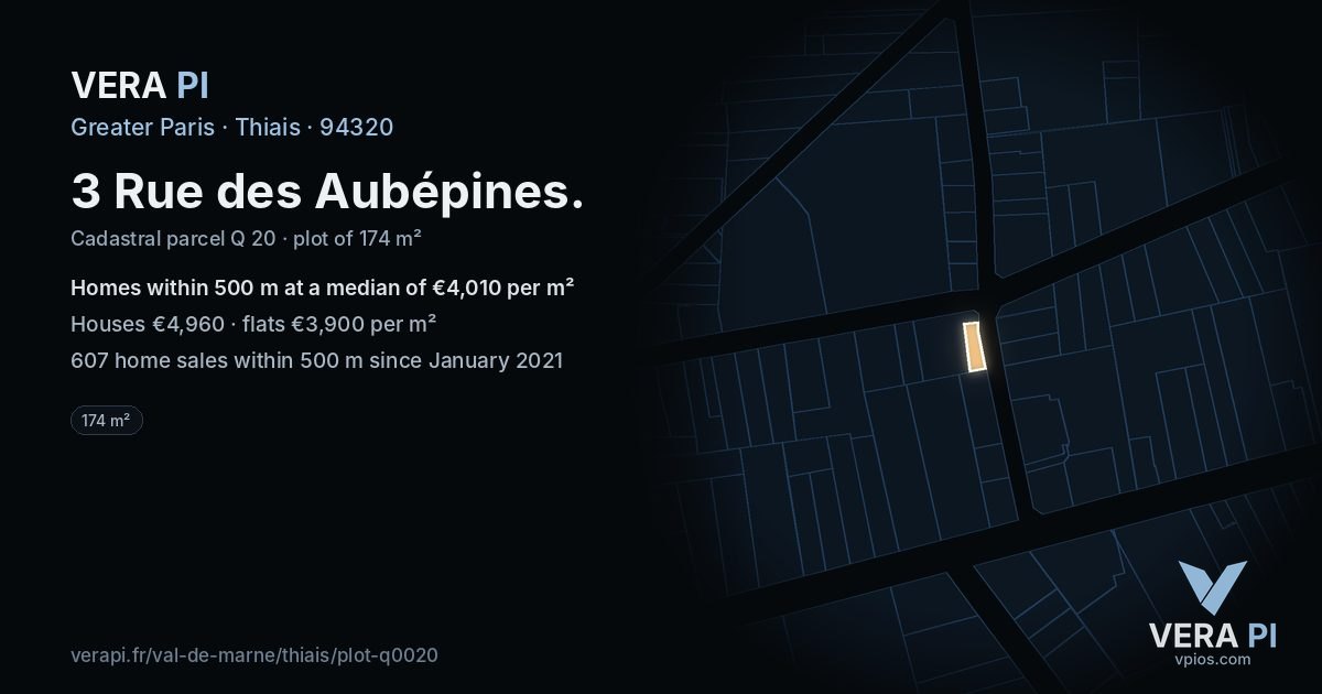 3 Rue des Aubépines, Thiais at night – the plot lit, the parcels around coloured by the prices near them
