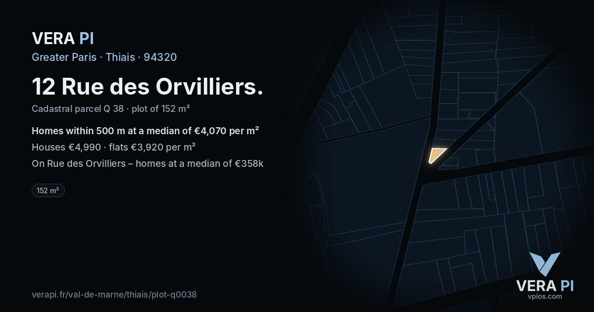12 Rue des Orvilliers, Thiais at night – the plot lit, the parcels around coloured by the prices near them