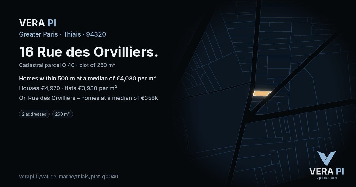 16 Rue des Orvilliers, Thiais at night – the plot lit, the parcels around coloured by the prices near them