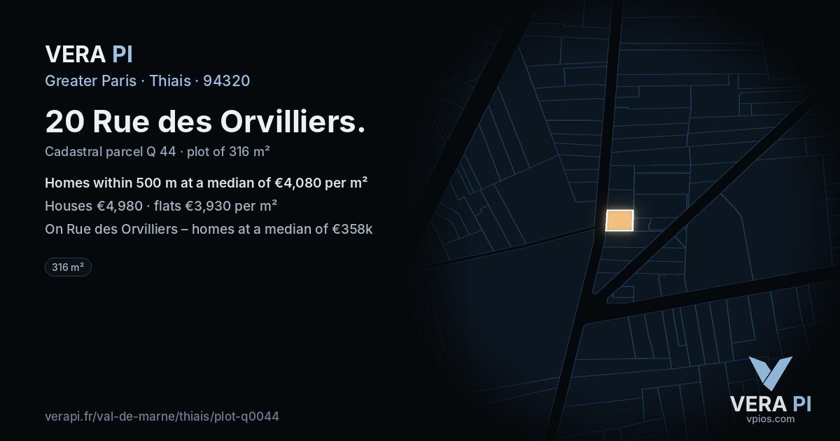 20 Rue des Orvilliers, Thiais at night – the plot lit, the parcels around coloured by the prices near them