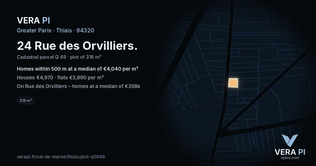 24 Rue des Orvilliers, Thiais at night – the plot lit, the parcels around coloured by the prices near them