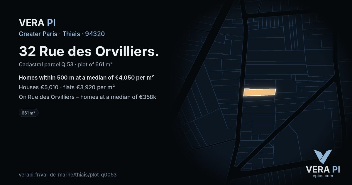 32 Rue des Orvilliers, Thiais at night – the plot lit, the parcels around coloured by the prices near them