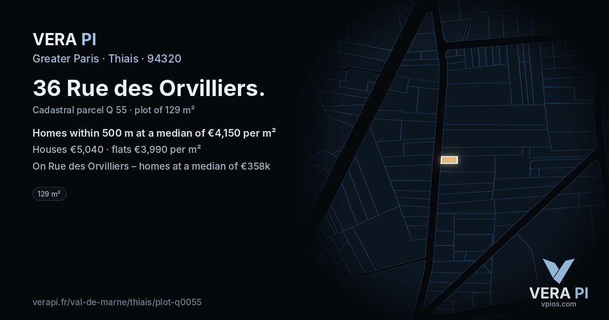 36 Rue des Orvilliers, Thiais at night – the plot lit, the parcels around coloured by the prices near them
