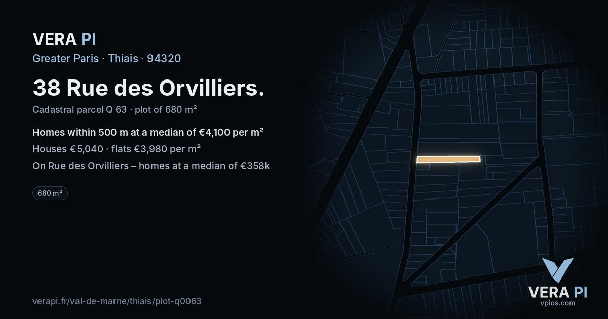 38 Rue des Orvilliers, Thiais at night – the plot lit, the parcels around coloured by the prices near them
