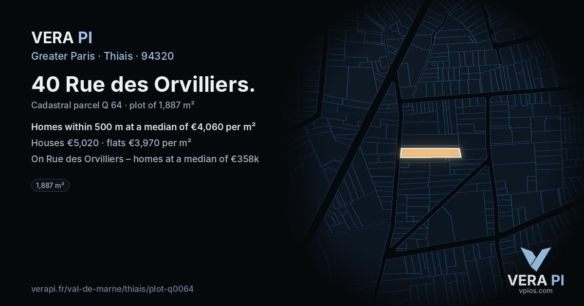 40 Rue des Orvilliers, Thiais at night – the plot lit, the parcels around coloured by the prices near them