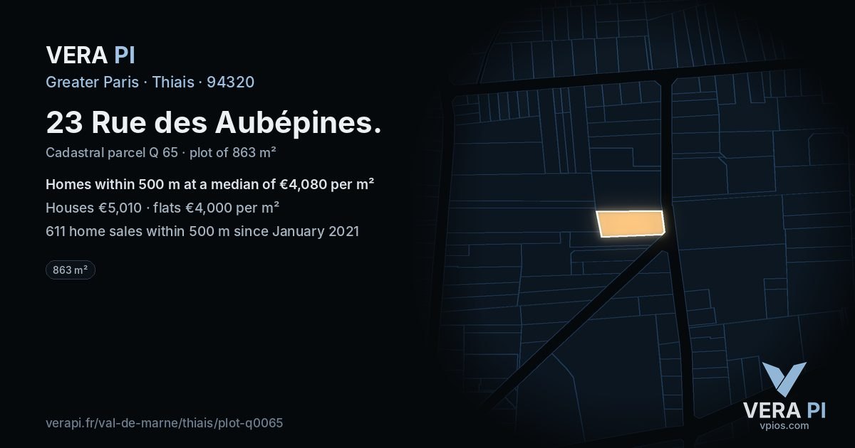 23 Rue des Aubépines, Thiais at night – the plot lit, the parcels around coloured by the prices near them