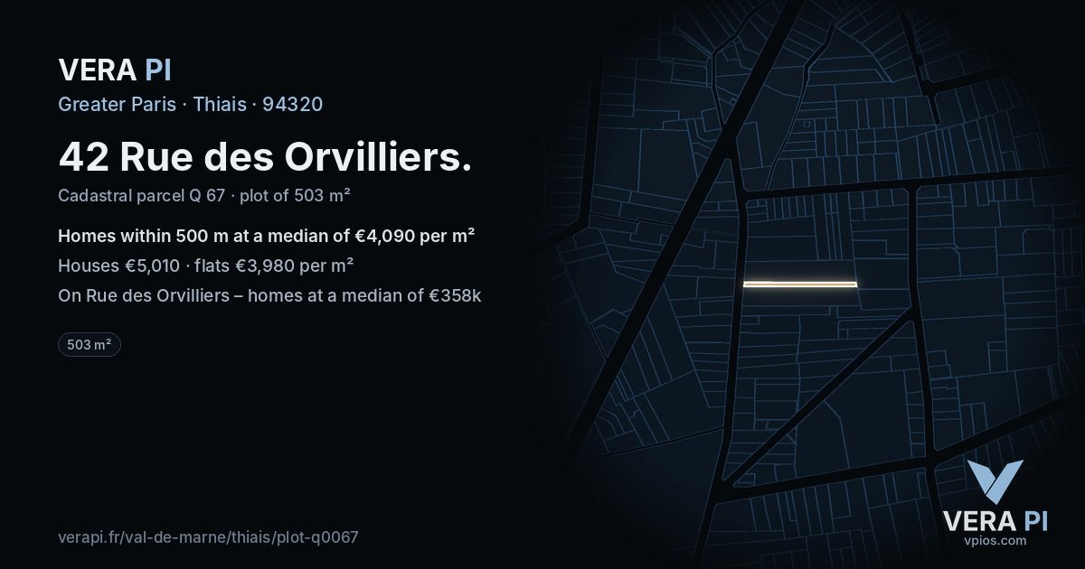 42 Rue des Orvilliers, Thiais at night – the plot lit, the parcels around coloured by the prices near them