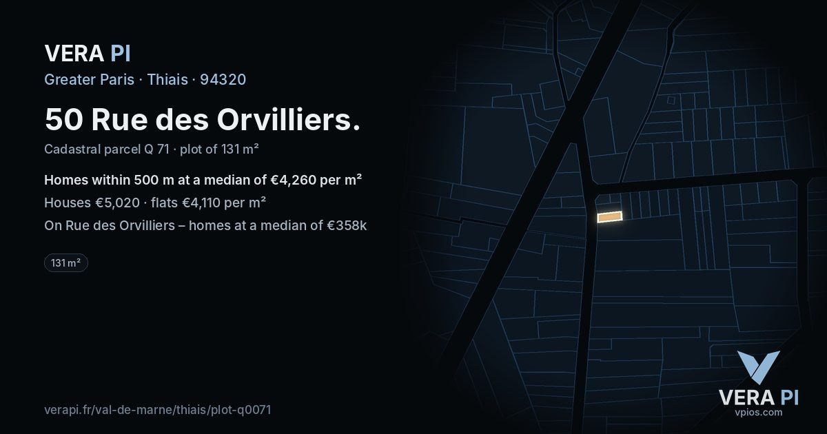 50 Rue des Orvilliers, Thiais at night – the plot lit, the parcels around coloured by the prices near them