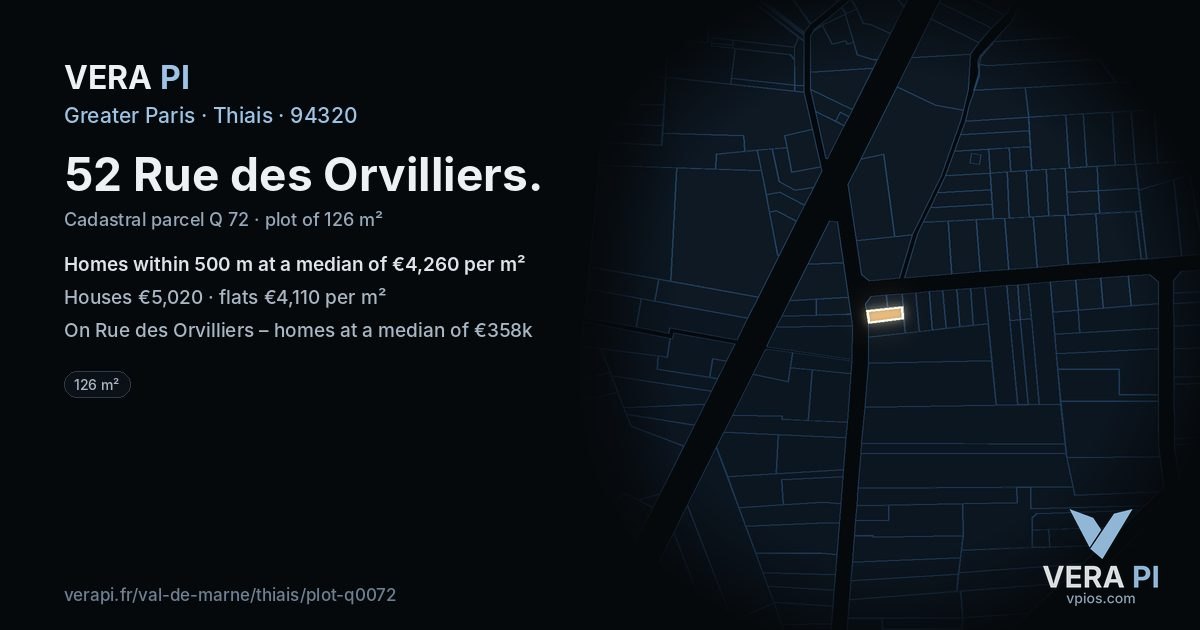 52 Rue des Orvilliers, Thiais at night – the plot lit, the parcels around coloured by the prices near them