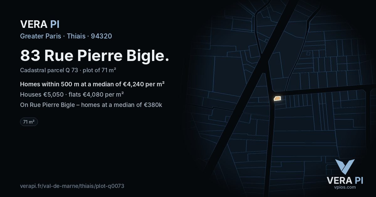 83 Rue Pierre Bigle, Thiais at night – the plot lit, the parcels around coloured by the prices near them
