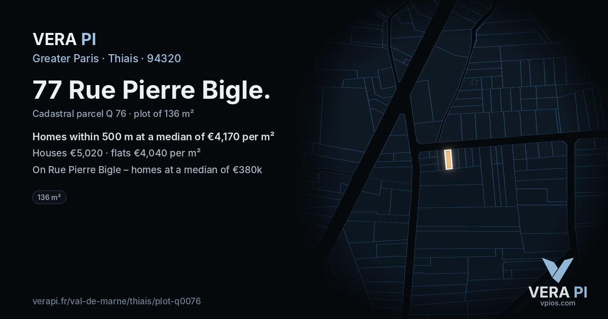 77 Rue Pierre Bigle, Thiais at night – the plot lit, the parcels around coloured by the prices near them