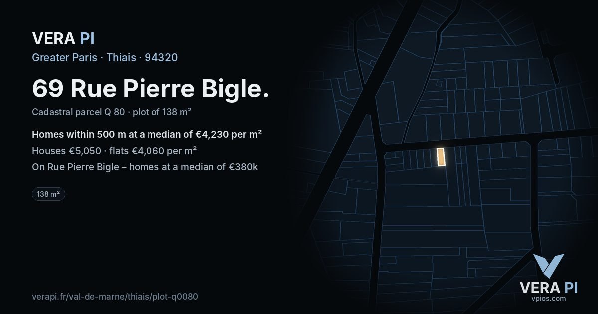 69 Rue Pierre Bigle, Thiais at night – the plot lit, the parcels around coloured by the prices near them