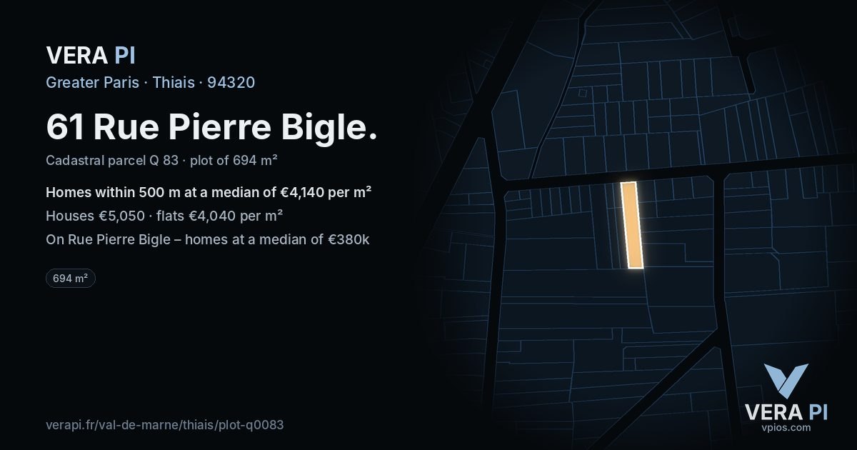 61 Rue Pierre Bigle, Thiais at night – the plot lit, the parcels around coloured by the prices near them