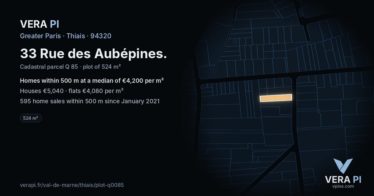 33 Rue des Aubépines, Thiais at night – the plot lit, the parcels around coloured by the prices near them