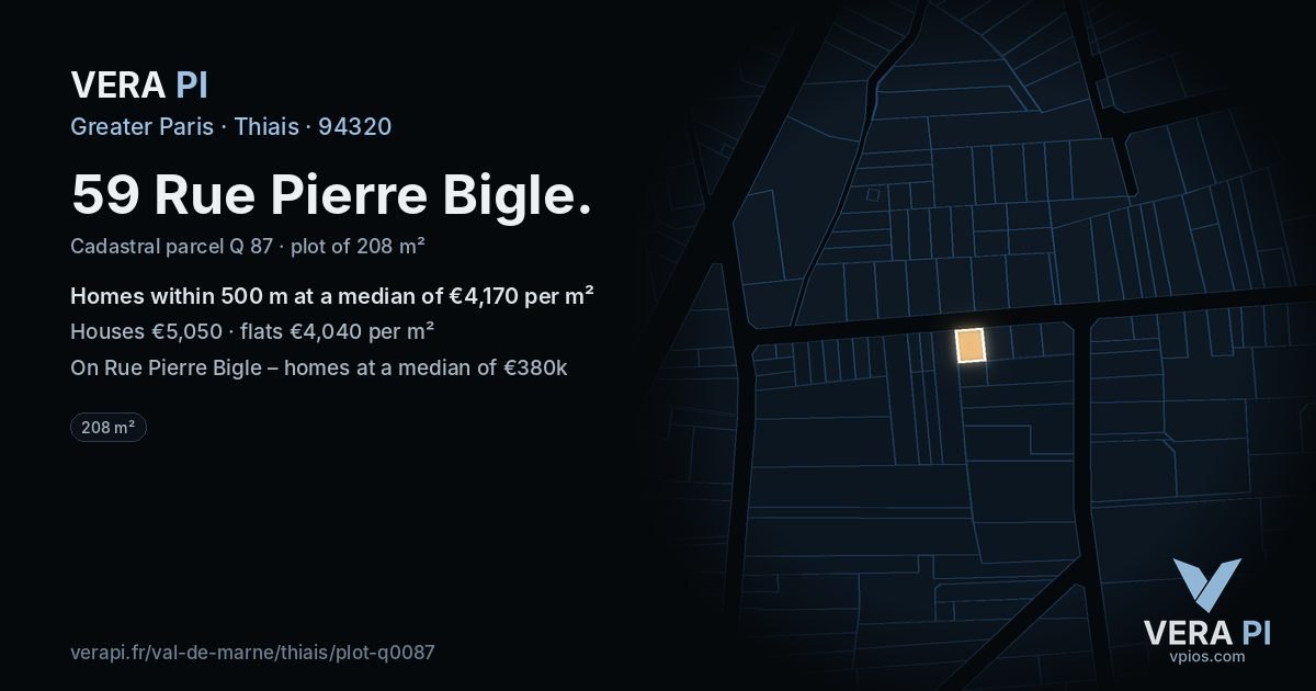 59 Rue Pierre Bigle, Thiais at night – the plot lit, the parcels around coloured by the prices near them