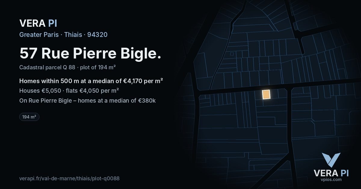 57 Rue Pierre Bigle, Thiais at night – the plot lit, the parcels around coloured by the prices near them
