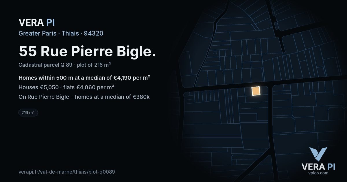 55 Rue Pierre Bigle, Thiais at night – the plot lit, the parcels around coloured by the prices near them