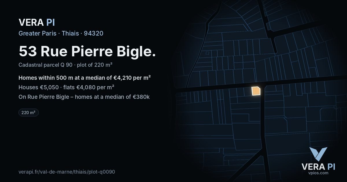53 Rue Pierre Bigle, Thiais at night – the plot lit, the parcels around coloured by the prices near them