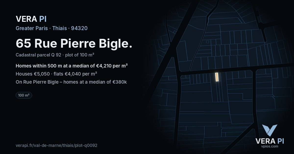 65 Rue Pierre Bigle, Thiais at night – the plot lit, the parcels around coloured by the prices near them