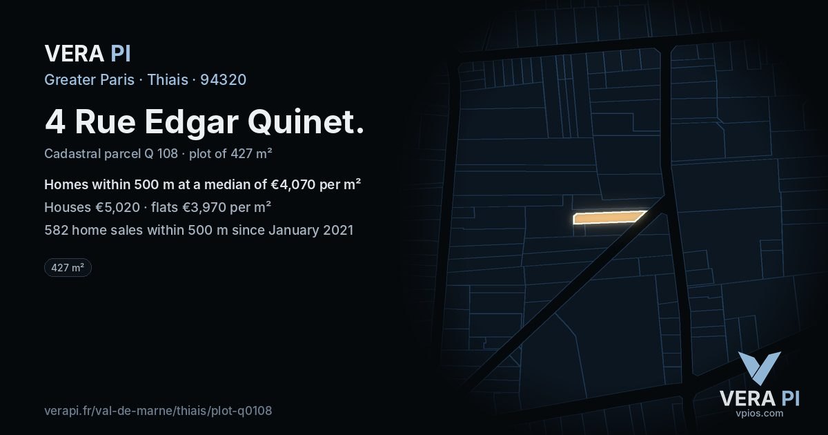 4 Rue Edgar Quinet, Thiais at night – the plot lit, the parcels around coloured by the prices near them