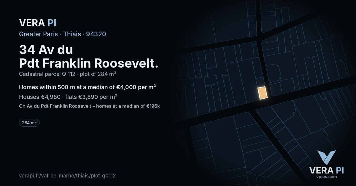 34 Av du Pdt Franklin Roosevelt, Thiais at night – the plot lit, the parcels around coloured by the prices near them