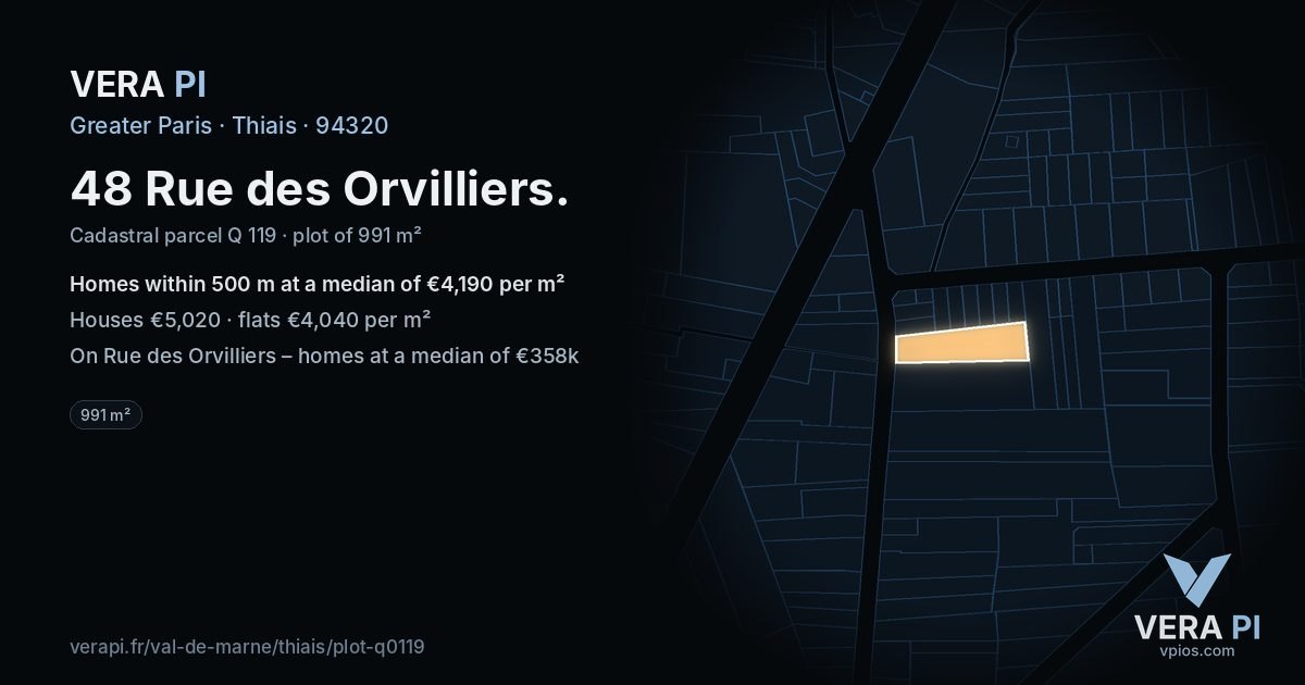 48 Rue des Orvilliers, Thiais at night – the plot lit, the parcels around coloured by the prices near them