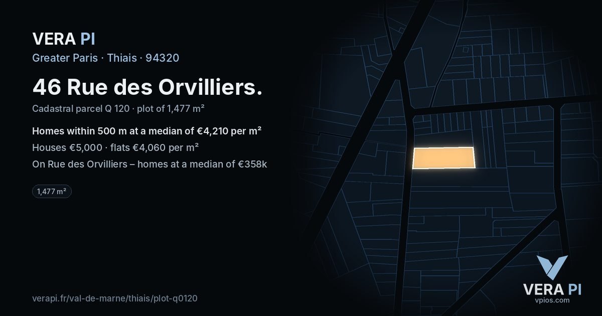 46 Rue des Orvilliers, Thiais at night – the plot lit, the parcels around coloured by the prices near them